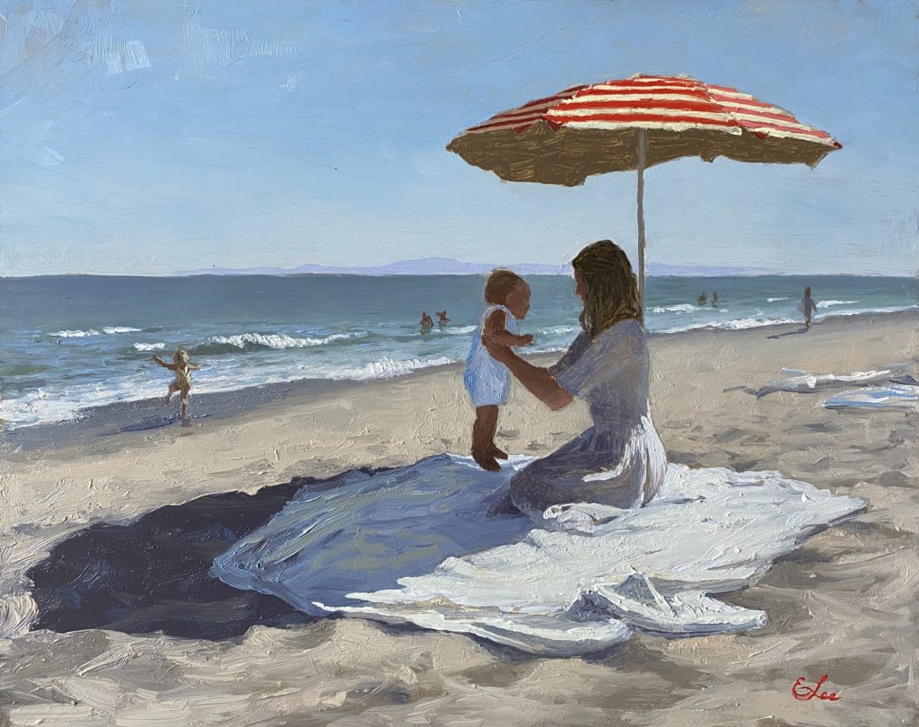Oil painting of mother and child on beach