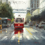 Featured Artwork: Richard Boyer Oil painting of a red trolley on a city street
