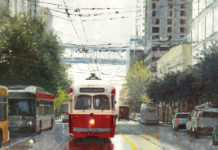 Featured Artwork: Richard Boyer Oil painting of a red trolley on a city street