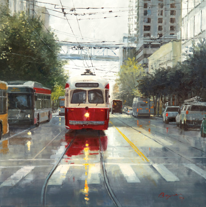 Oil painting of a red trolley on a city street