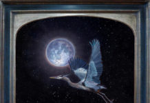 Featured Artwork: Christine Graefe Drewyer Oil painting of a great blue heron flying in the night sky in front of the moon