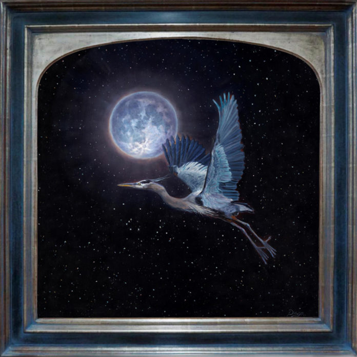 Oil painting of a great blue heron flying in the night sky in front of the moon