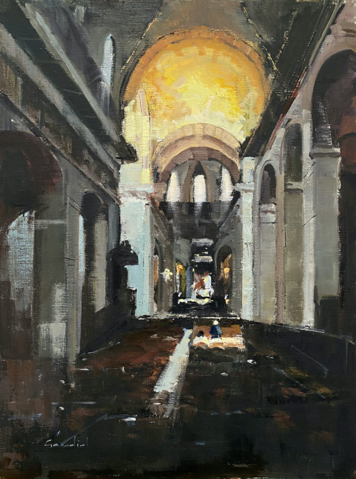 Oil painting of inside of cathedral