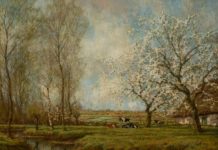 Country, City, and Sea Landscape painting of apple trees