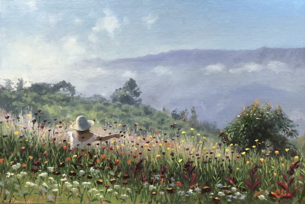 Oil painting of a mountain view