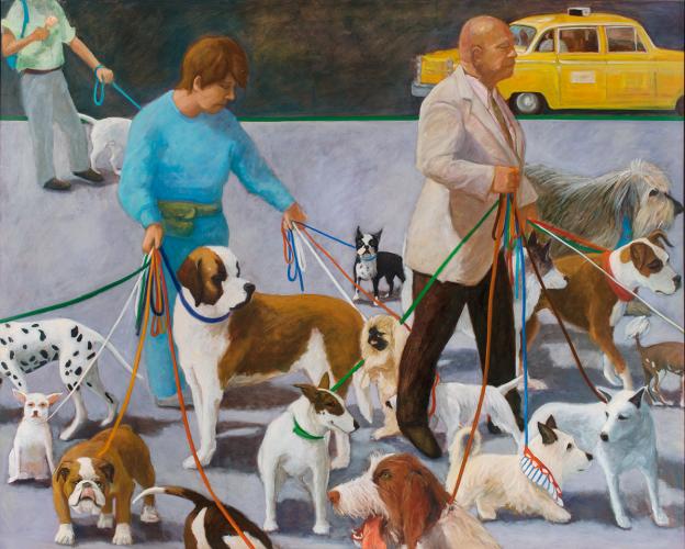 Oil painting of dog walkers