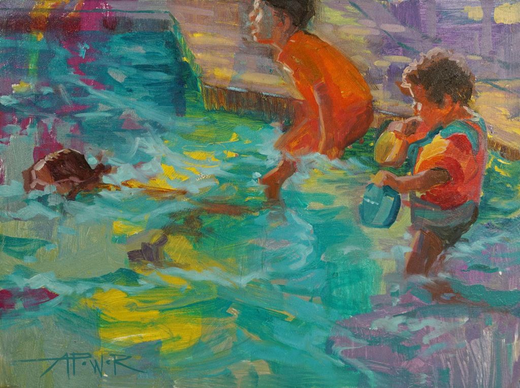 Oil painting of children in a pool