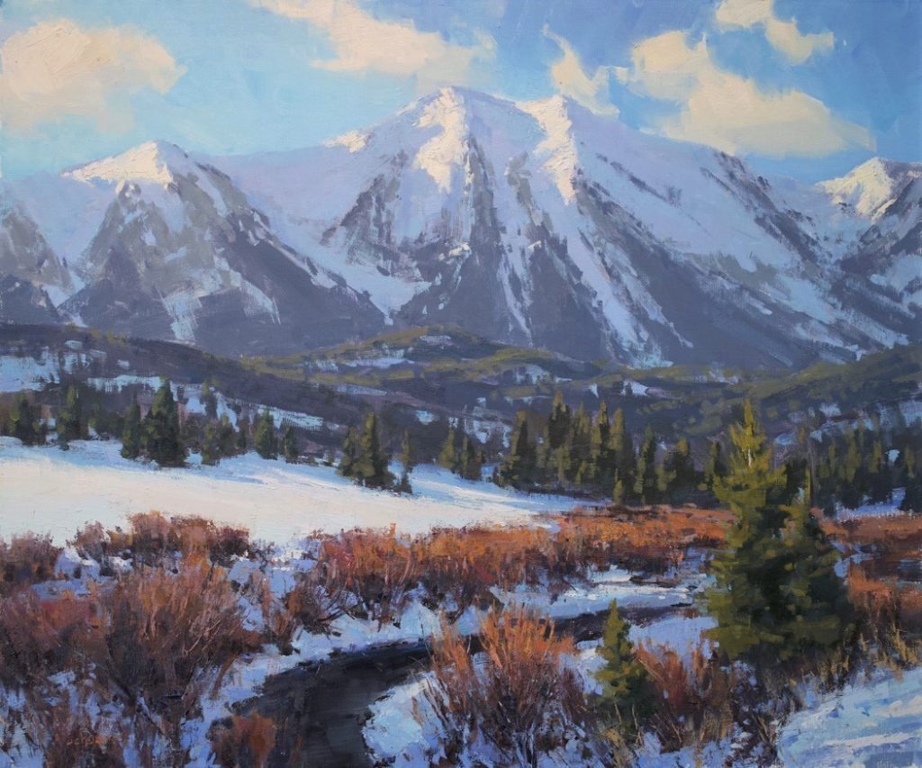 Oil painting of snowy mountains
