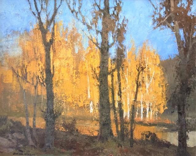 Oil painting of trees in sunlight
