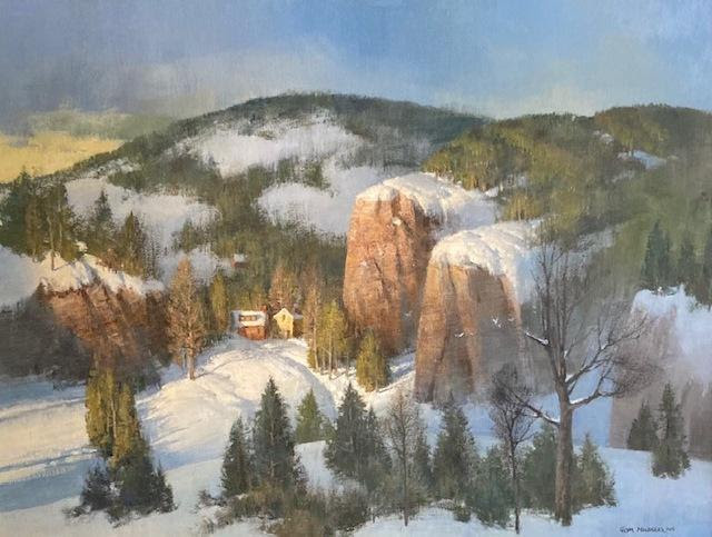 Oil painting of snowy hillside