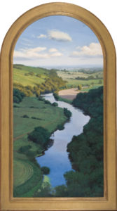 Vertical landscape painting of a river