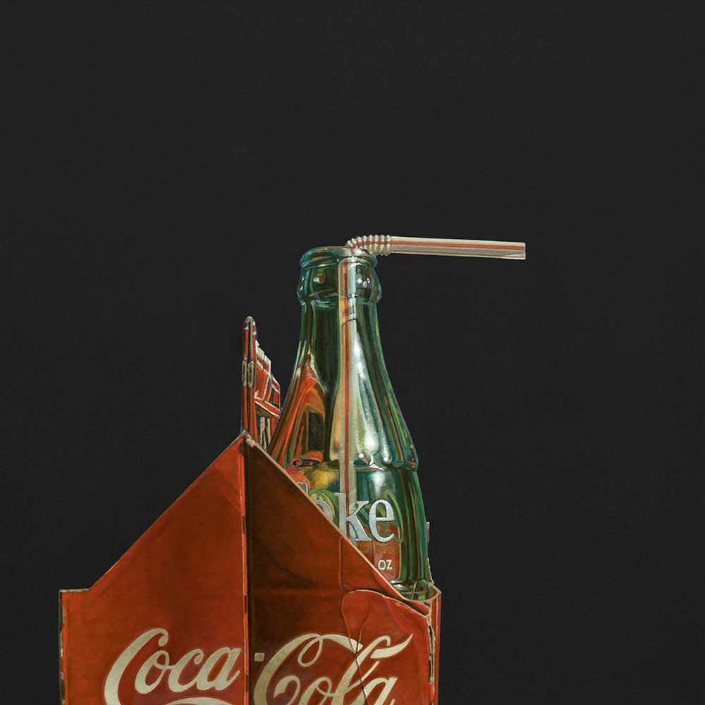 Oil painting of a Coke bottle with a straw in a six-pack container