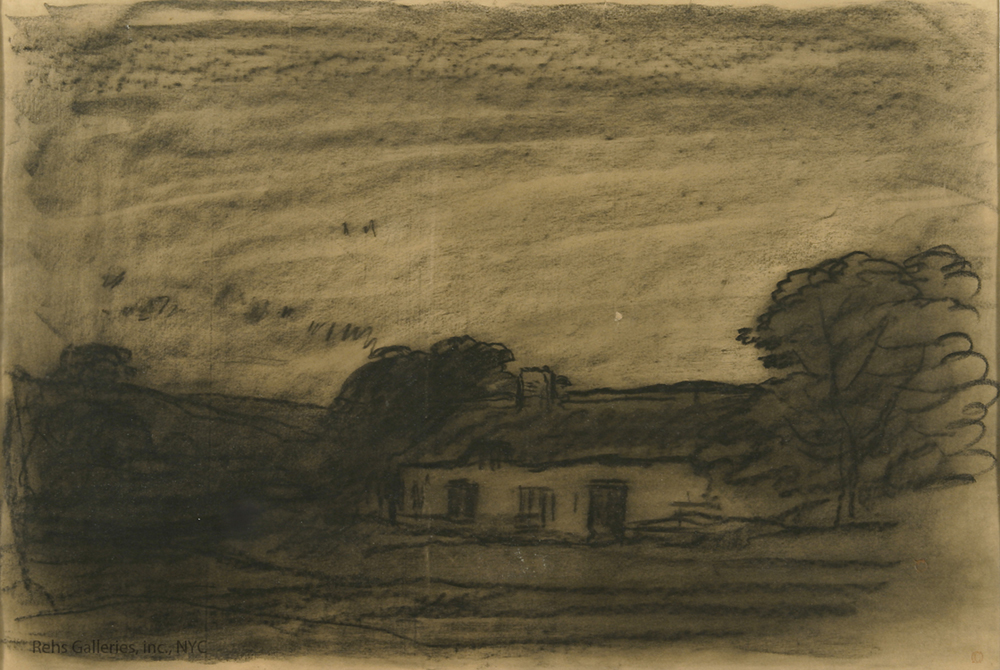 Charcoal drawing of farmhouse at twilight