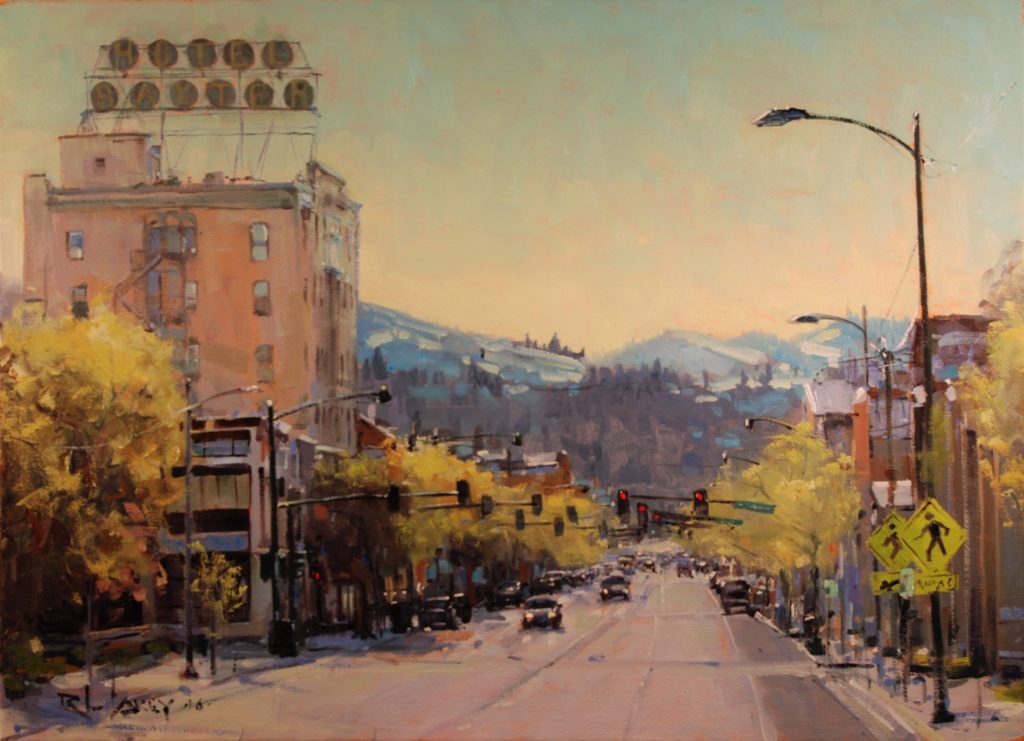 ROB AKEY (b. 1956), Morning on Main, 2016, oil on linen, 16 x 22 in., private collection