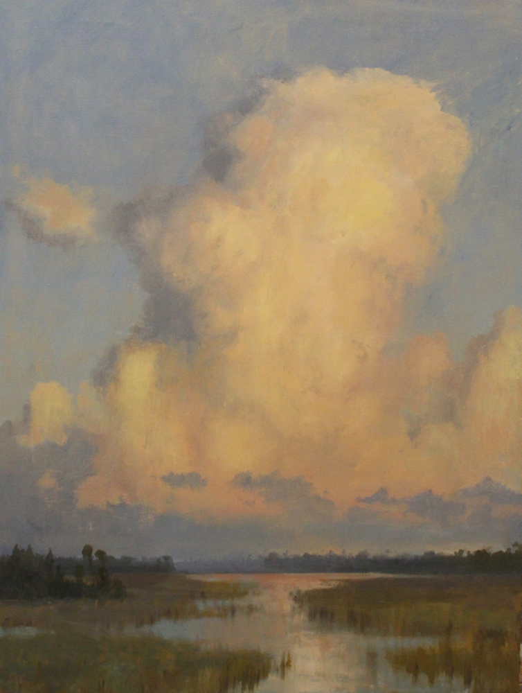 Oil painting of clouds building up over stream