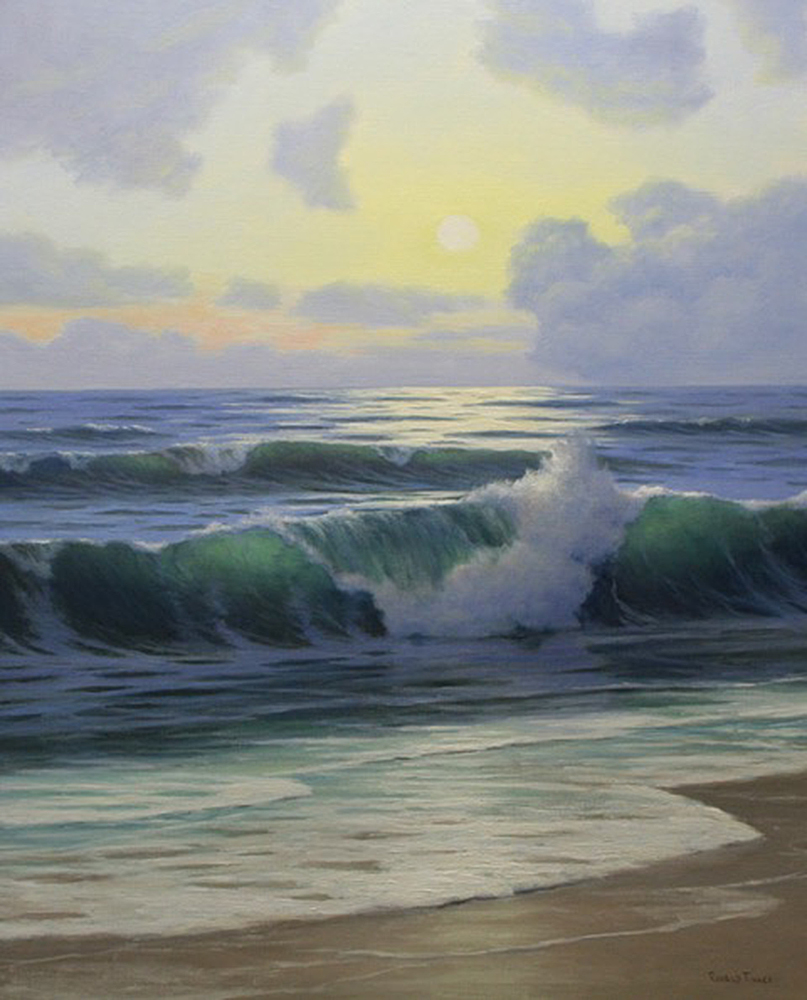 Oil painting of ocean waves crashing on sandy beach