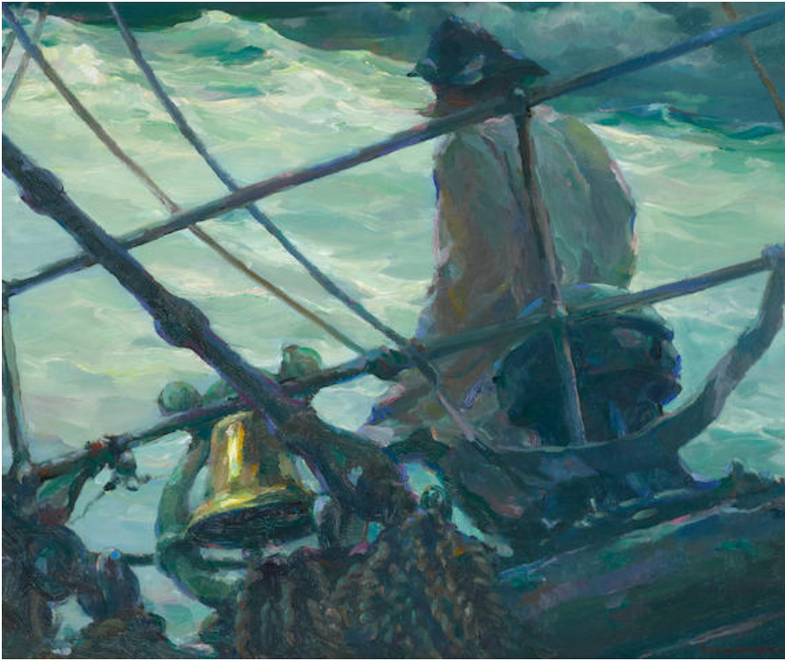 Painting of a boat in a storm