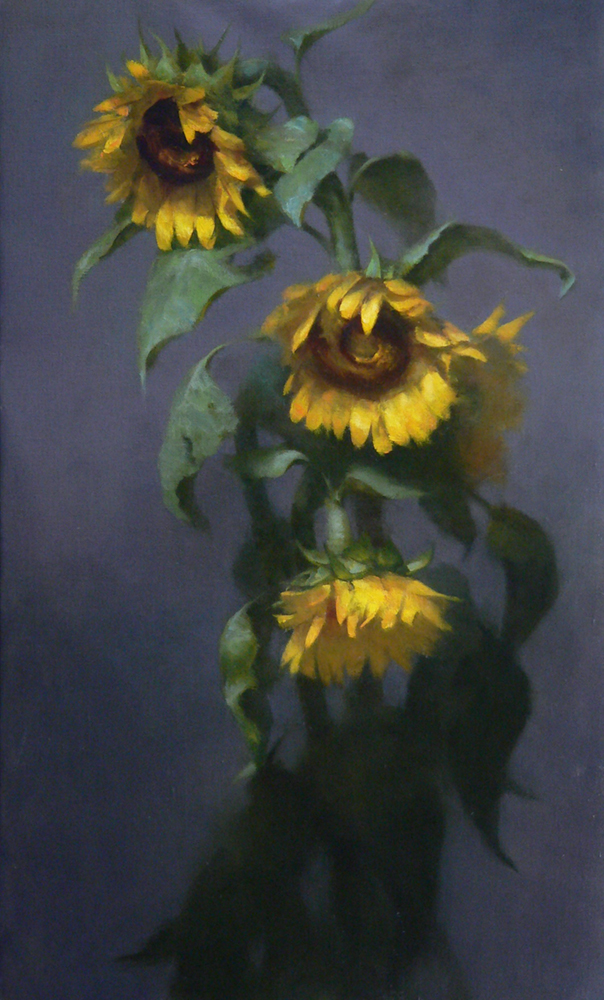 Oil painting of three sunflowers