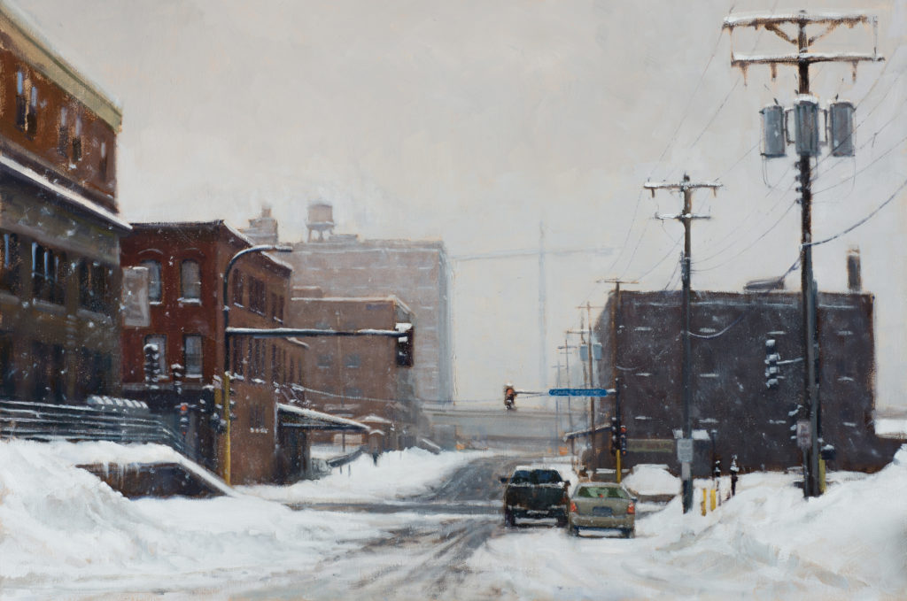 CARL BRETZKE (b. 1954), "Snow Day in the Warehouse District," 2016, oil on linen, 24 x 36 in., private collection