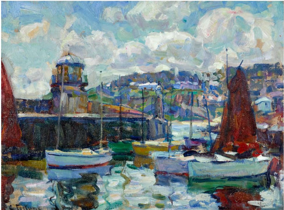 Painting of a boat harbour