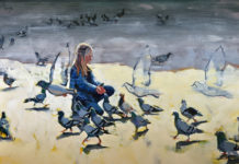 Featured Artwork: Heather Arenas Oil painting of a girl feeding pigeons in a plaza in Spain.