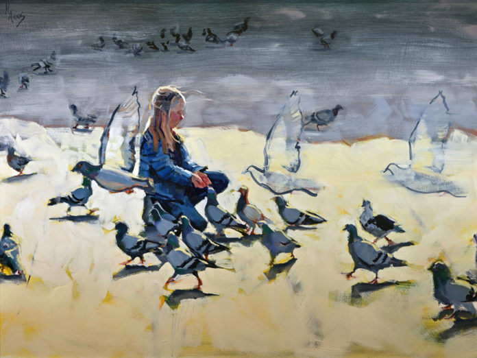 Oil painting of a girl feeding pigeons in a plaza in Spain.