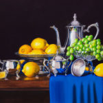 Featured Artwork: Matthew Bird Watercolor still life painting with silver, lemons and grapes