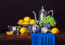 Featured Artwork: Matthew Bird Watercolor still life painting with silver, lemons and grapes