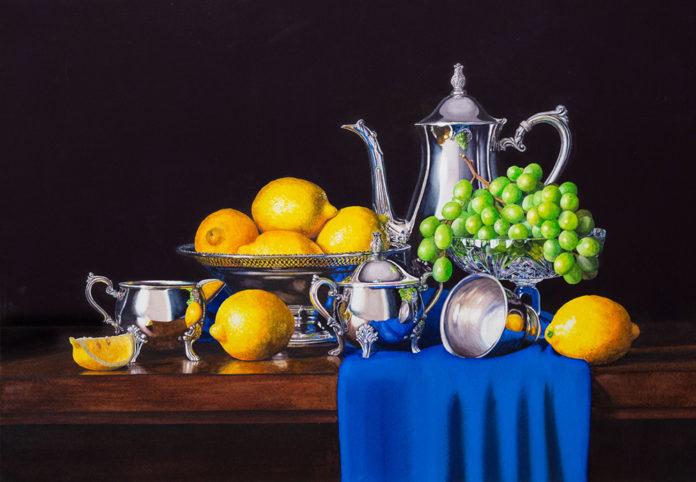 Watercolor still life painting with silver, lemons and grapes