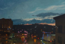 Featured Artwork: Carl Bretzke Oil painting of city at night in the rain
