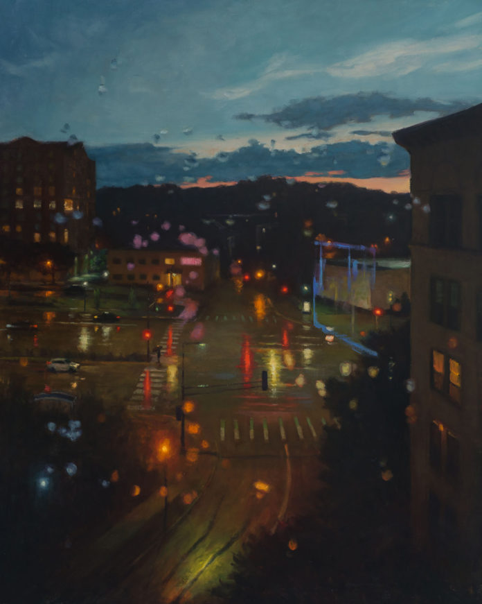 Oil painting of city at night in the rain