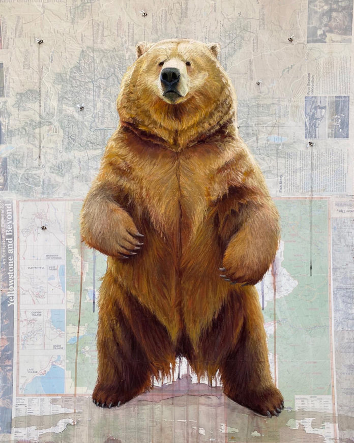 Pastel painting of a standing bear on a national park map