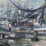 Featured Artwork: Catherine Hillis Watercolor painting of docked boats with lots of lines