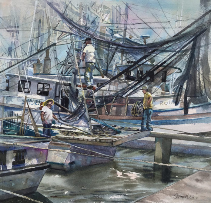 Watercolor painting of docked boats with lots of lines