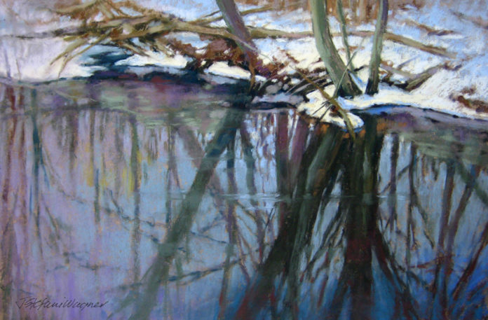 Pastel painting of a river reflecting trees in winter