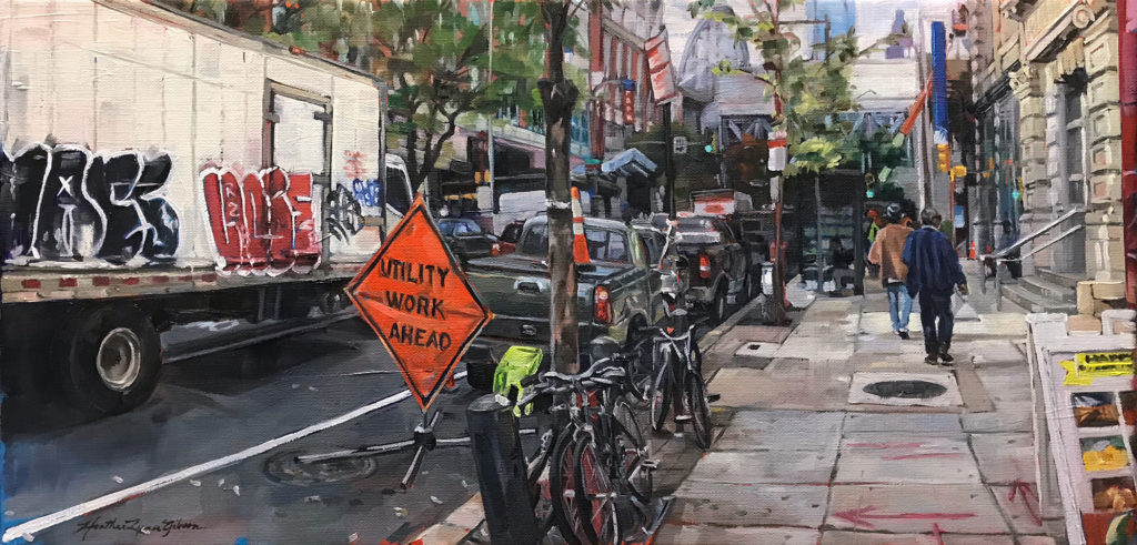 HEATHER LYNN GIBSON (b. 1970), Everyday City Life, 2018, oil on linen, 10 x 20 in., available from the artist