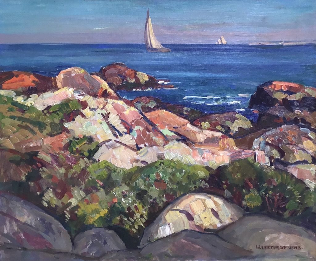 Oil painting of a rocky shore