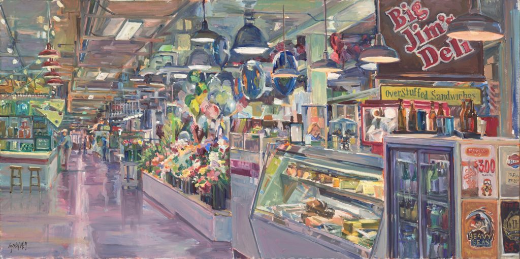 CRYSTAL MOLL (b. 1962), Our Market, 2017, oil on canvas, 18 x 36 in., Crystal Moll Gallery, Baltimore