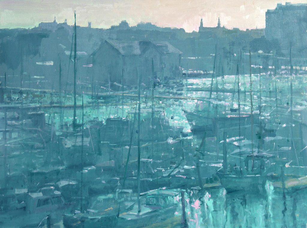 Tonal oil painting of a harbor