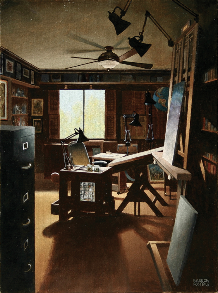 Oil painting of artist's studio with easel