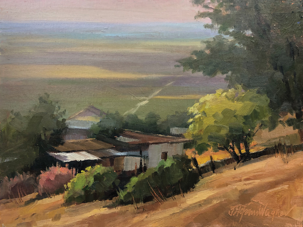 Oil painting of a building on a hillside with trees, and there are fields in the background