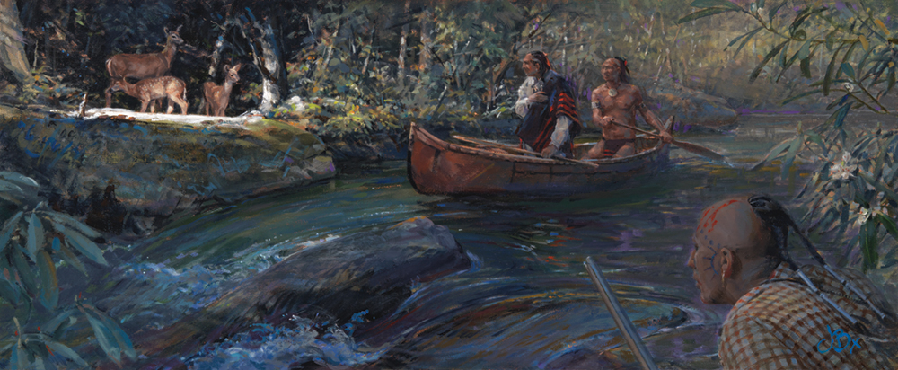 Oil painting of American Indians in a canoe on the river with deer in the background