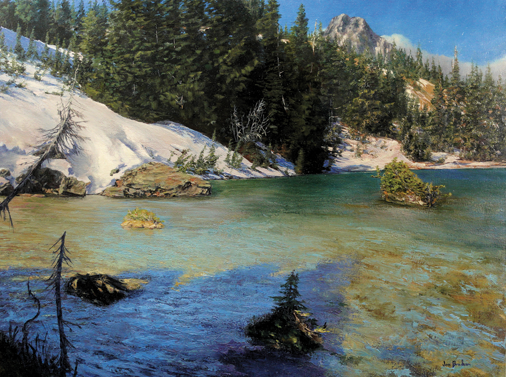 Oil painting of lake in the mountains