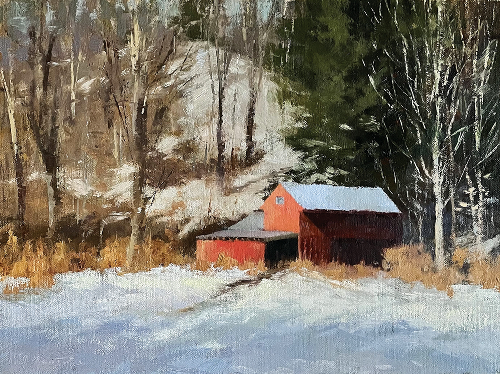 Oil painting of barn at base of hillside with snow and trees