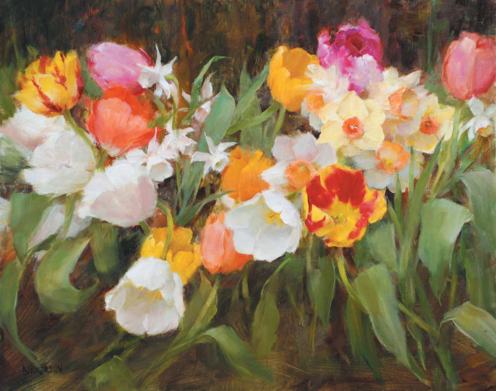 Oil painting of bright, cheerful spring flowers