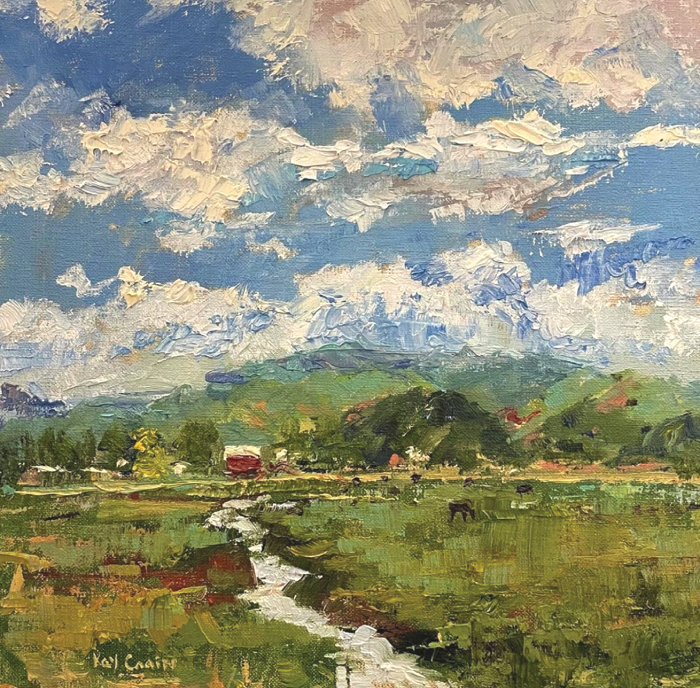 Oil painting of stream running through grassland with barn and mountain in background