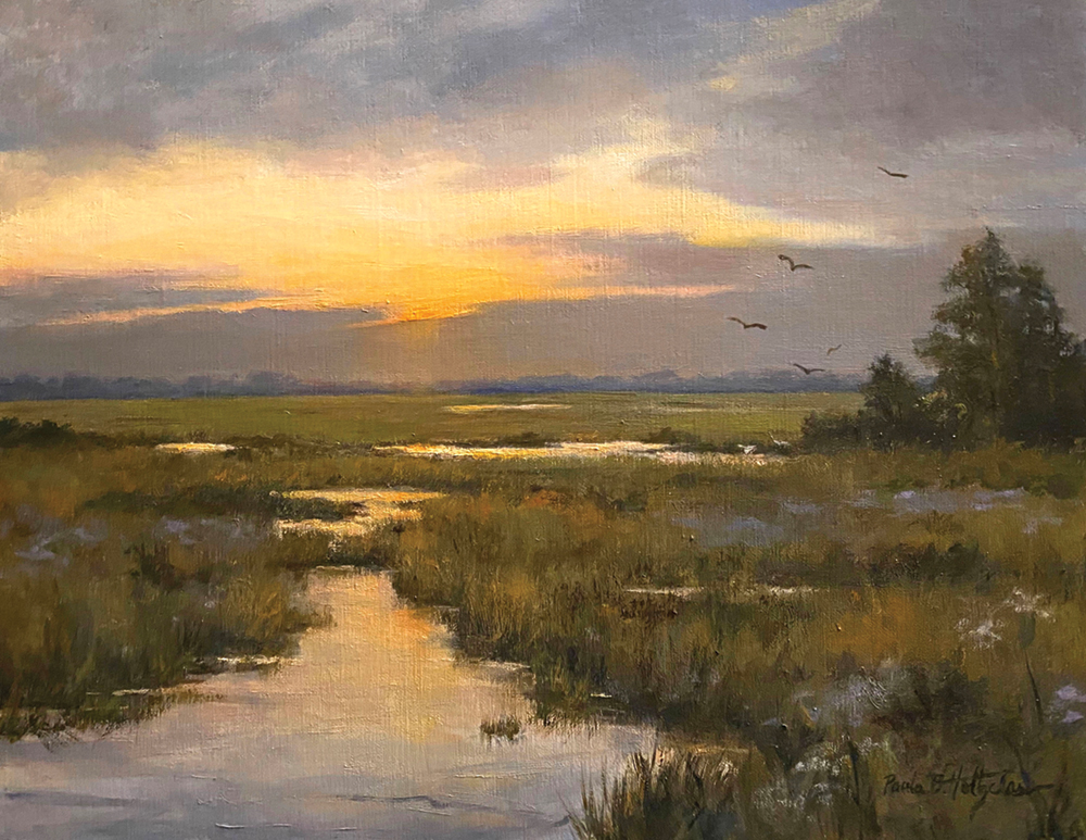 Oil painting of a grassy area with streams in the evening light