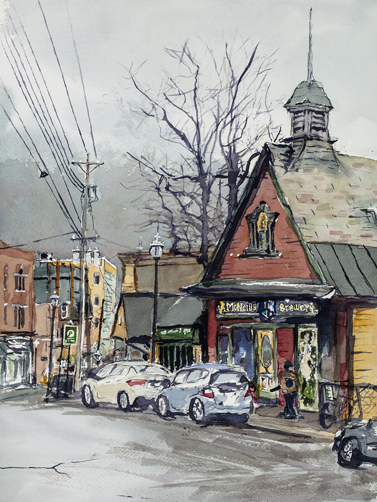 Watercolor painting of a town mainstreet
