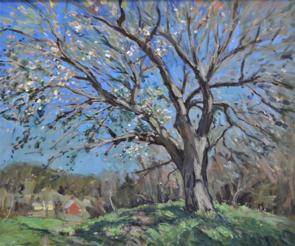 Oil painting of tree with new blooms on a hillside