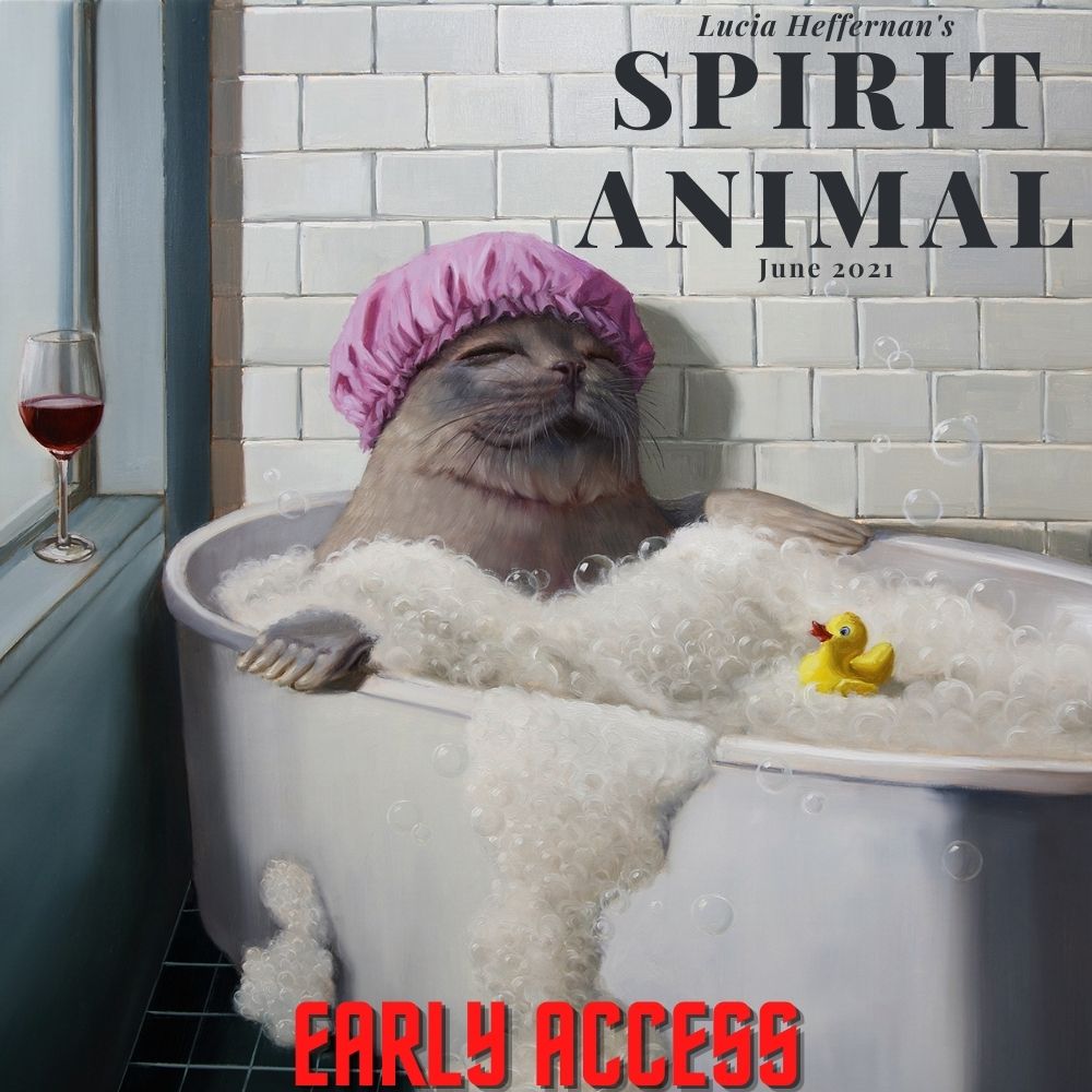 Oil painting of cat wearing a shower cap in a bubble bath with words stating, "Spirit Animal"